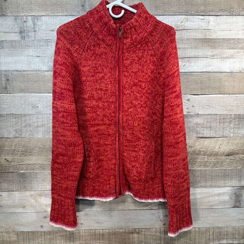 GAP Women's Lambswool Orange Red Marl Full‎ Zip Heavy Cardigan Mock Neck Size XL